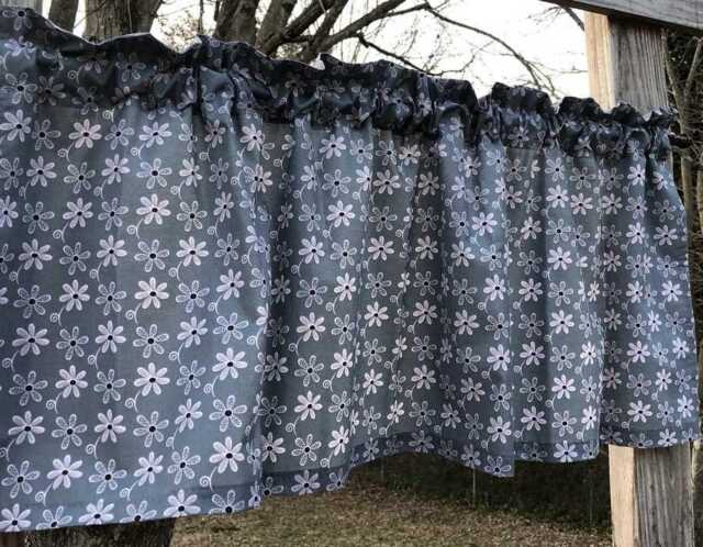 Kitchen Valance - Daisy Wildflower Pink Flowers On Gray Botanical Farmhouse Curtain - image 1