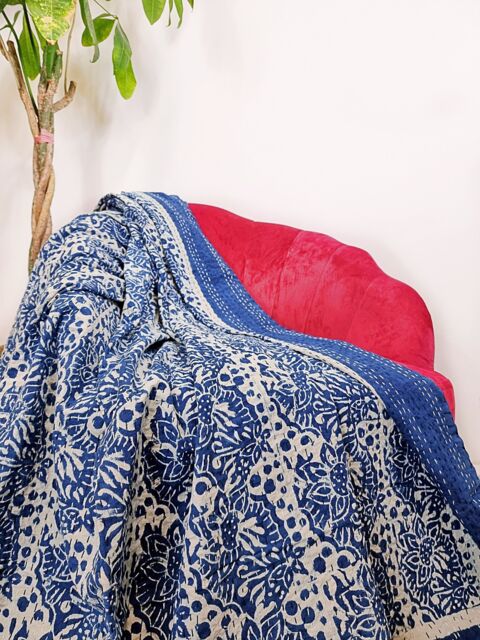 Kantha Stitch Pure Cotton Reversible Bed/Sofa Throw King Size - Handmade Handprinted Floral Dohar Gardenia Blossom Country House - image 1