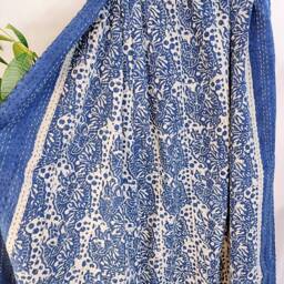 Kantha Stitch Pure Cotton Reversible Bed/Sofa Throw King Size - Handmade Handprinted Floral Dohar Gardenia Blossom Country House - thumbnail 2