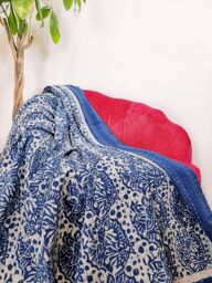 Kantha Stitch Pure Cotton Reversible Bed/Sofa Throw King Size - Handmade Handprinted Floral Dohar Gardenia Blossom Country House - thumbnail 1
