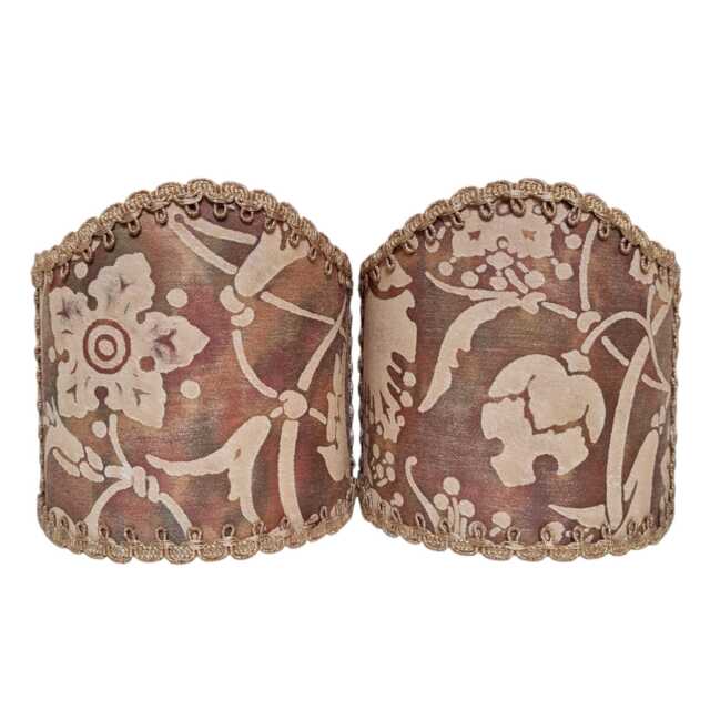 Pair Of Wall Sconce Clip-On Shield Shades Fortuny Fabric Persepolis in Tan, Olive & Plum Mini Lampshade - Handmade Italy - image 1