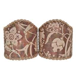 Pair Of Wall Sconce Clip-On Shield Shades Fortuny Fabric Persepolis in Tan, Olive & Plum Mini Lampshade - Handmade Italy