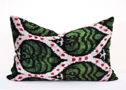 Handmade Silk Velvet Ikat Pillow Cover, Dark Green Accent - thumbnail 1