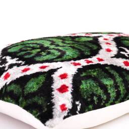 Handmade Silk Velvet Ikat Pillow Cover, Dark Green Accent - thumbnail 3