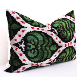 Handmade Silk Velvet Ikat Pillow Cover, Dark Green Accent - thumbnail 2