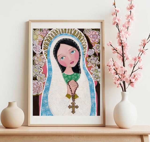 Maddonna Of The Rosary, Our Lady Virgin The Rosary Print, Queen Holly Wall Decor By Evona - image 1