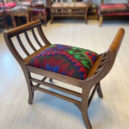 Vintage Kilim Upholstered Ottoman Chair, Beech Wood Stool - thumbnail 2