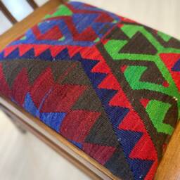 Vintage Kilim Upholstered Ottoman Chair, Beech Wood Stool - thumbnail 4
