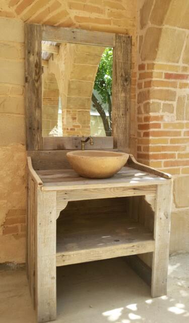 Bathroom Cabinet Made From Recycled Pallet Wood With Imitation Stone Sink & Mirror - image 1