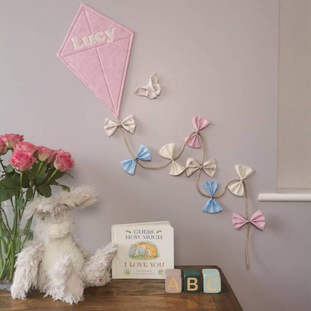 Personalised Pastel Coloured Nursery Kite Wall Hanging in Cream, Blue & Pink. Playroom Decor - image 1