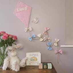 Personalised Pastel Coloured Nursery Kite Wall Hanging in Cream, Baby Blue & Baby Pink. Playroom Decor