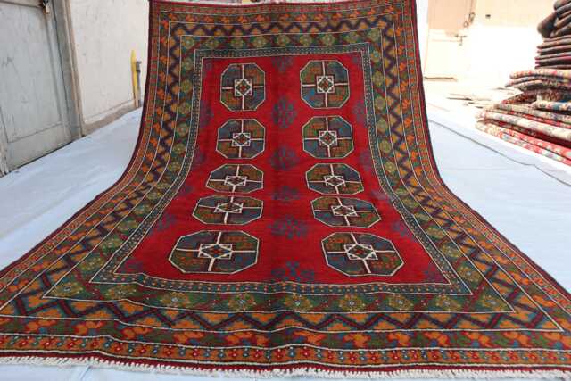 5'3x8'1 Red & Green Afghan Akhcha Handmade Rug, High Pile Rug Turkmen Bokhara Area Rug, Livingroom Tribal Bedroom Office Rug - image 1