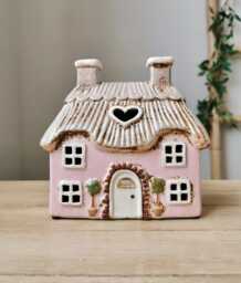 Pink Thatched Cottage House Tea Light Holder
