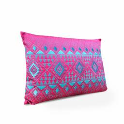 Kilim Embroidered Pillow Cover, Hot Pink Turquoise Polytafetta, 14x21 Inch - thumbnail 2