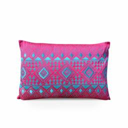 Kilim Embroidered Pillow Cover, Hot Pink Turquoise Polytafetta, 14x21 Inch - thumbnail 1