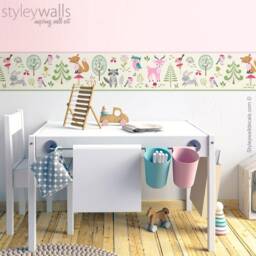 Woodland Wall Border Decal, Animals Forest Repositionable Border, Nursery Girls Room Decor - thumbnail 3