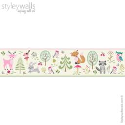 Woodland Wall Border Decal, Animals Forest Repositionable Border, Nursery Girls Room Decor - thumbnail 2