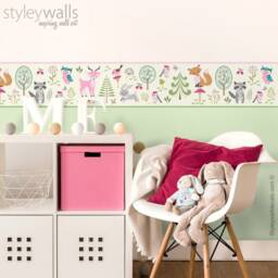 Woodland Wall Border Decal, Animals Forest Repositionable Border, Nursery Girls Room Decor - thumbnail 1