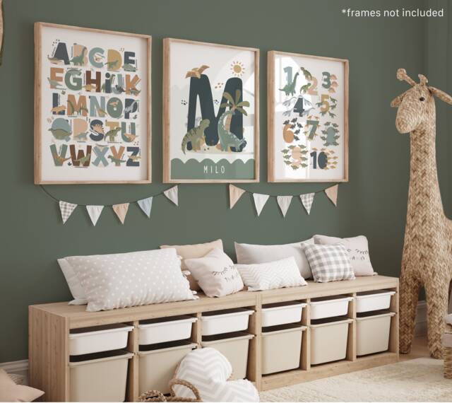 Set Of 3 Personalised Dinosaur Prints, Alphabet Numbers Print, Chart Bedroom Decor, Scandi Playroom Prints - image 1