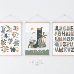 Set Of 3 Personalised Dinosaur Prints, Alphabet Numbers Print, Chart Bedroom Decor, Scandi Playroom Prints - thumbnail 2