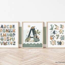 Set Of 3 Personalised Dinosaur Prints, Alphabet Numbers Print, Chart Bedroom Decor, Scandi Playroom Prints - thumbnail 3