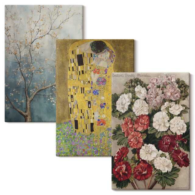 Canvas Wall Art Set Of 3 - Flowers & Trees in The Painting Style By Gustav Klimt, Yellow Large, Plants Decor - image 1