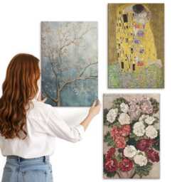 Canvas Wall Art Set Of 3 - Flowers & Trees in The Painting Style By Gustav Klimt, Yellow Large, Plants Decor - thumbnail 2