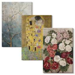 Canvas Wall Art Set Of 3 - Flowers & Trees in The Painting Style By Gustav Klimt, Yellow Large, Plants Decor - thumbnail 1
