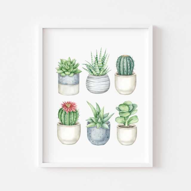Watercolour Cactus Succulent Print Green Blue Unframed Plant Wall Art - image 1