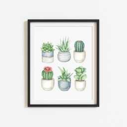 Watercolour Cactus Succulent Print Green Blue Unframed Plant Wall Art - thumbnail 3
