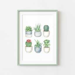 Watercolour Cactus Succulent Print Green Blue Unframed Plant Wall Art - thumbnail 2