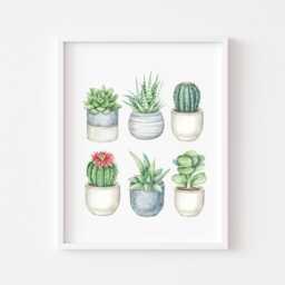 Watercolour Cactus Succulent Print Green Blue Unframed Plant Wall Art - thumbnail 1
