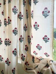 Red + Blue Poppy Flower Hand Block Printed Cotton Curtains, Organic Shades, Drapes, Various Sizes, 2 Panels