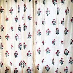 Red + Blue Poppy Flower Hand Block Printed Cotton Curtains, Organic Shades, Drapes, Various Sizes, 2 Panels - thumbnail 3