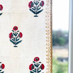 Red + Blue Poppy Flower Hand Block Printed Cotton Curtains, Organic Shades, Drapes, Various Sizes, 2 Panels - thumbnail 2