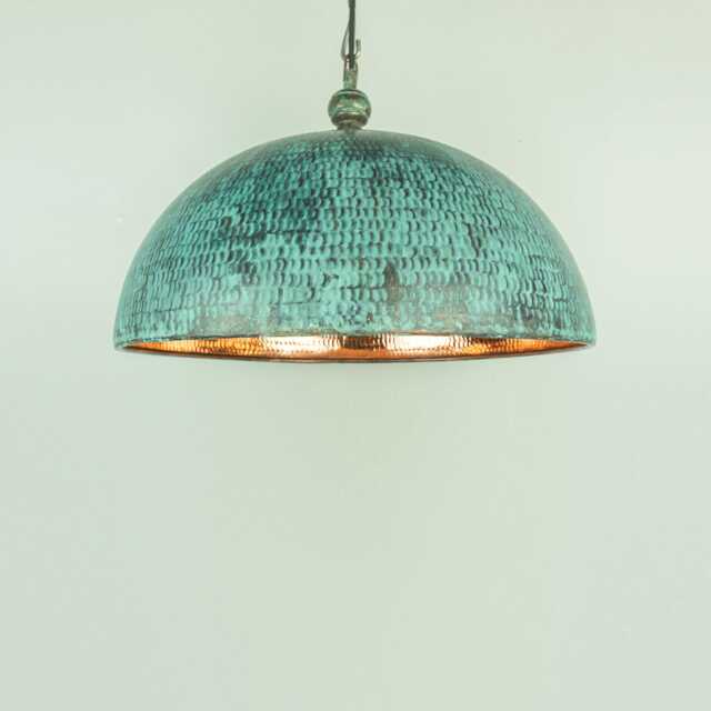Dome Copper Pendant Light - Verdigris Hanging Lampshade, Rustic Patina Finish - image 1