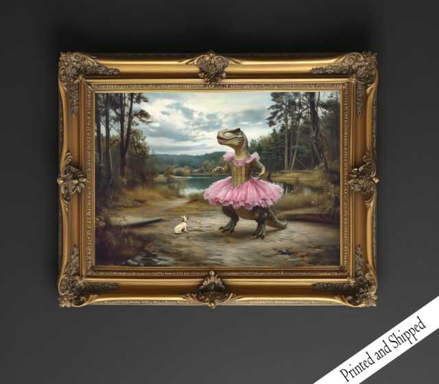 Ballerina Dinosaur Art Print, T-Rex With Chihuahua, Quirky Wall Decor - image 1