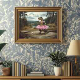 Ballerina Dinosaur Art Print, T-Rex With Chihuahua, Quirky Wall Decor - thumbnail 2