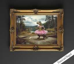 Ballerina Dinosaur Art Print, T-Rex With Chihuahua, Quirky Wall Decor - thumbnail 1