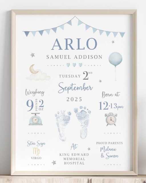 Personalized Baby Gift Birth Details Print, New Keepsake, Boys Nursery Decor, Footprint - image 1