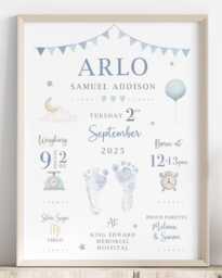 Personalized Baby Gift Birth Details Print, New Keepsake, Boys Nursery Decor, Footprint - thumbnail 1