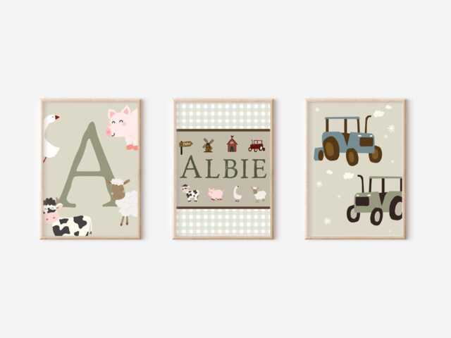 Neutral Farm Animal & Tractor Prints. Set Of 3 - Unframed - image 1