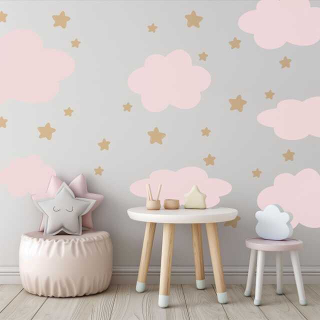 Pink Cloud Wall Stickers Nursery Decals - Neutral Star Decor Boho Baby Girl Peel & Stick - image 1