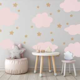 Pink Cloud Wall Stickers Nursery Decals - Neutral Star Decor Boho Baby Girl Peel & Stick - thumbnail 1