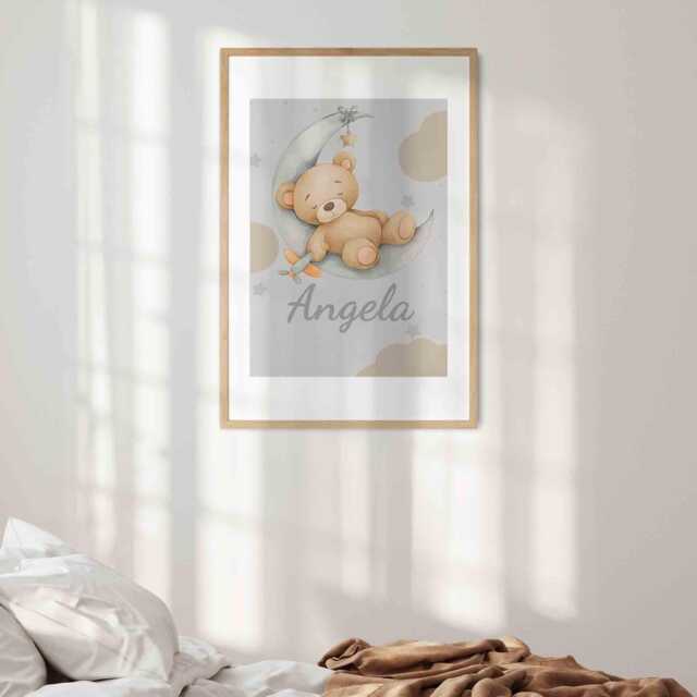 Personalised Teddy Moon Wall Art - Custom Name & Background Colour Cute Nursery Print Baby Bedroom Decor Adorable Keepsake Gift - image 1