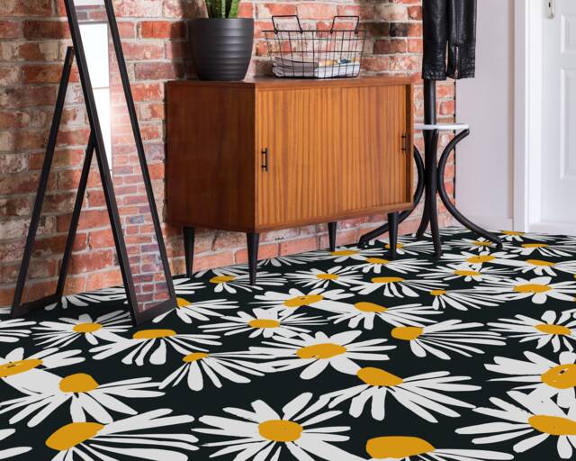 Aster Sunflowers Family Decorative Vinyl Flooring, Blue Kitchen Makeover, White Easy To Clean Daisy Sheet Floor, Waterproof - image 1