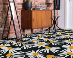Aster Sunflowers Family Decorative Vinyl Flooring, Blue Kitchen Makeover, White Easy To Clean Daisy Sheet Floor, Waterproof