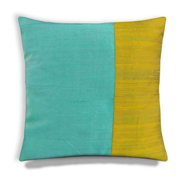 Mint & Olive Color Block Raw Silk Pillow Cover, Handmade - image 1