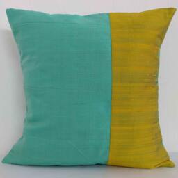 Mint & Olive Color Block Raw Silk Pillow Cover, Handmade - thumbnail 2