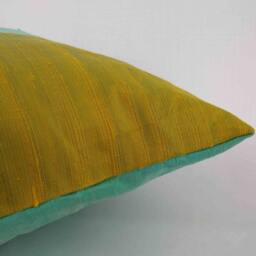 Mint & Olive Color Block Raw Silk Pillow Cover, Handmade - thumbnail 3